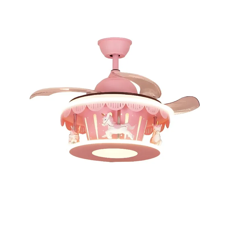 Pink Trojan Horse Children's Room Fan Chandelier, Girl Princess Bedroom Living Room Eye Protection Home Decoration Lighting