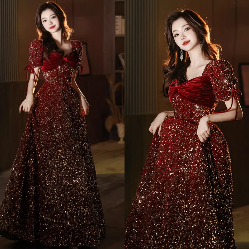 

It's Yiiya Burgundy Short Sleeves Sequins Velour Square Collar Lace Up Floor-Length A-Line Formal Dress Dress Woman Party A2892