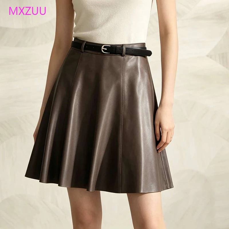 Real Leather Skirt Spring Autumn Female Sheepskin Korean Fashion High Waist Belt Zipper Slim A-Line Umbrella Skirts Jupe Femme