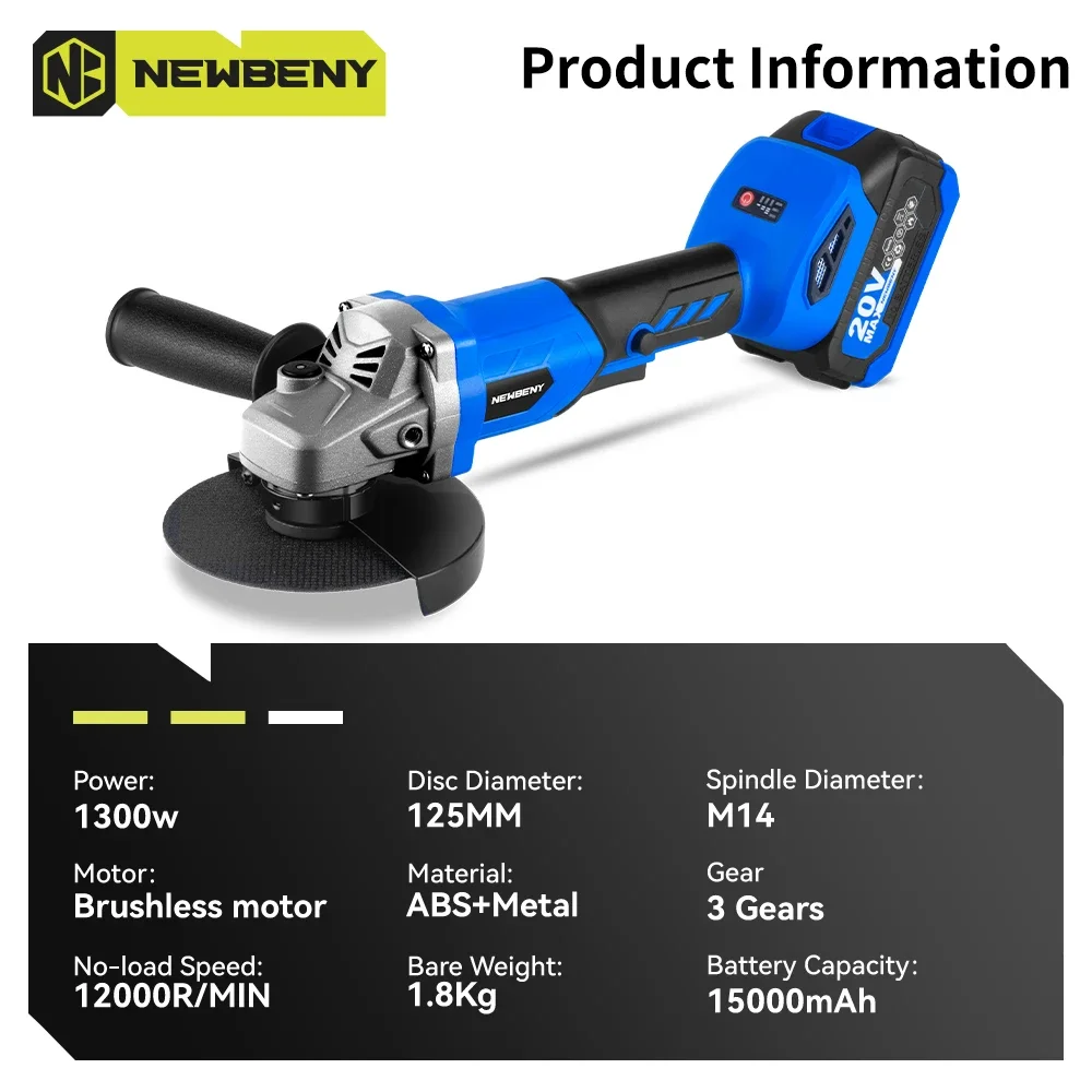 NewBeny 125mm Cordless Brushless Angle Grinder 3Gear DIY Woodworking Cutting Polishing Grinding Power Tool For Makita 18VBattery