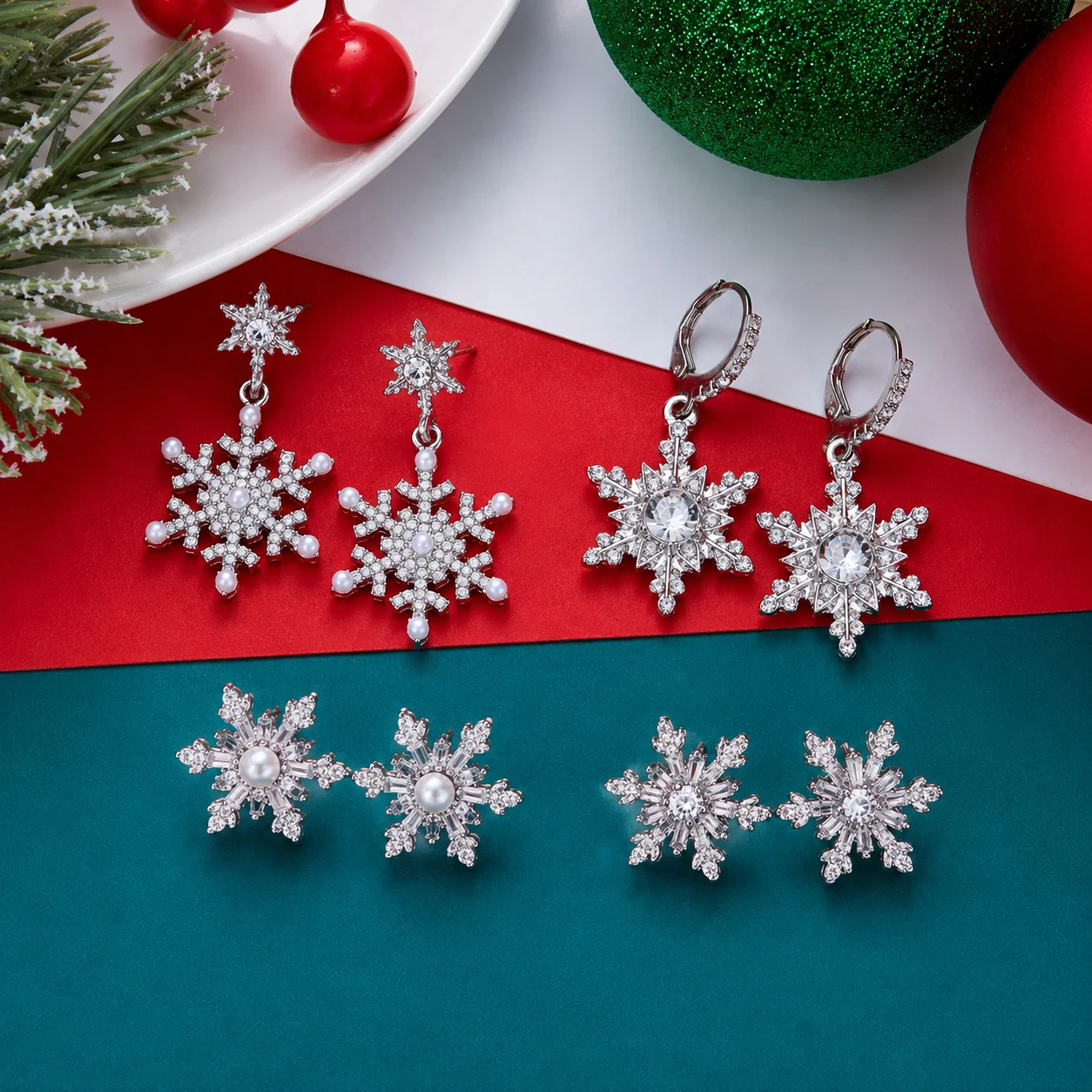 Luxuriöse Geometrische Schneeflocken-Ohrringe Glänzende Strass-Kristall-Tropfenohrringe für Damen Festliche Schmuckgeschenke
