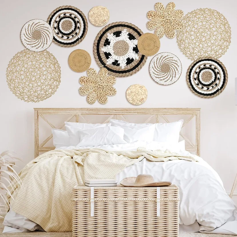 Bohemian Straw Woven Wall Decoration Home Living Room Background Wall Art Pendant Rustic Natural Wicker Weave Ornament
