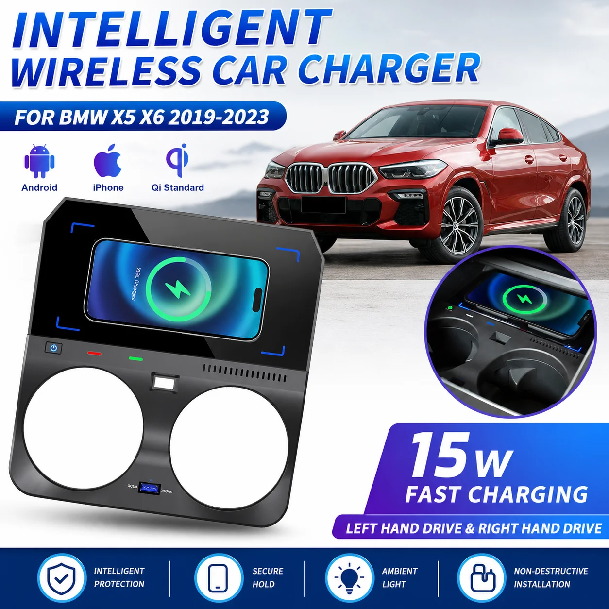 Para BMW X5 X6 2019-2023, Base de Carregamento Sem Fio 15W para Carro, Suporte de Celular com Carregamento Rápido, Plug & Play, Interior