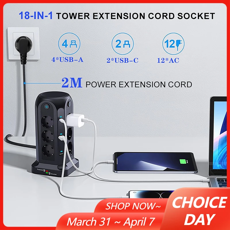 

Многорозеточный блок питания EU 18 в 1 с 6 USB-портами и независимыми выключателями для дома и офиса, 2500 Вт, 10 А