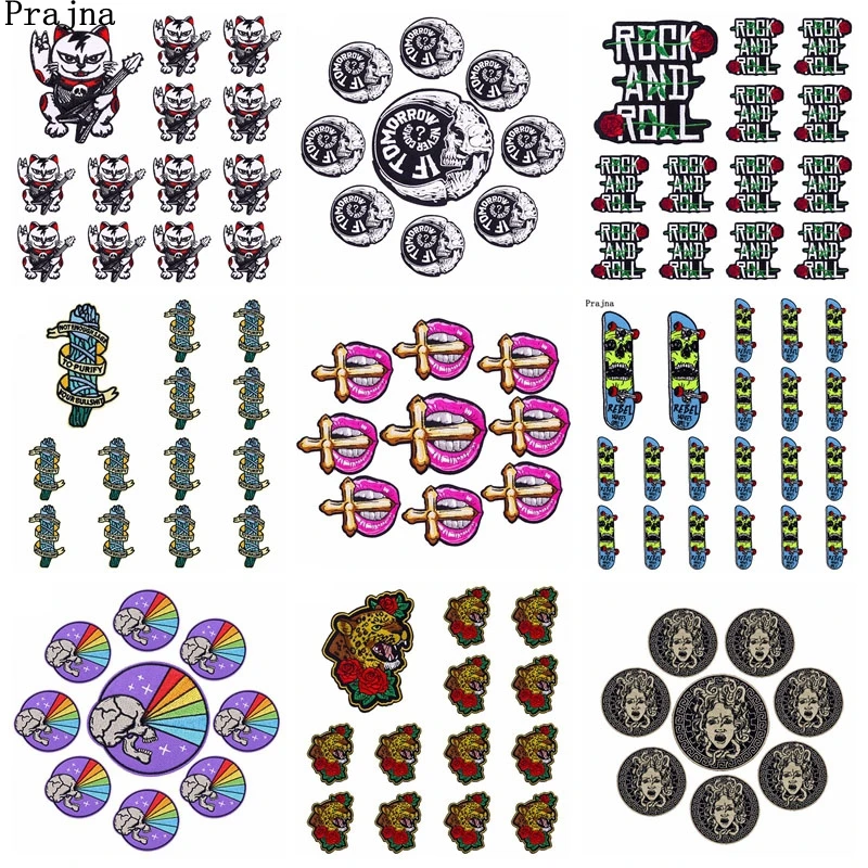 Prajna 10PCS Punk Rock Style Patch Iron On Patches On Clothes Applique Skull Badges Patches For Clothing Stickers Sewing DIY