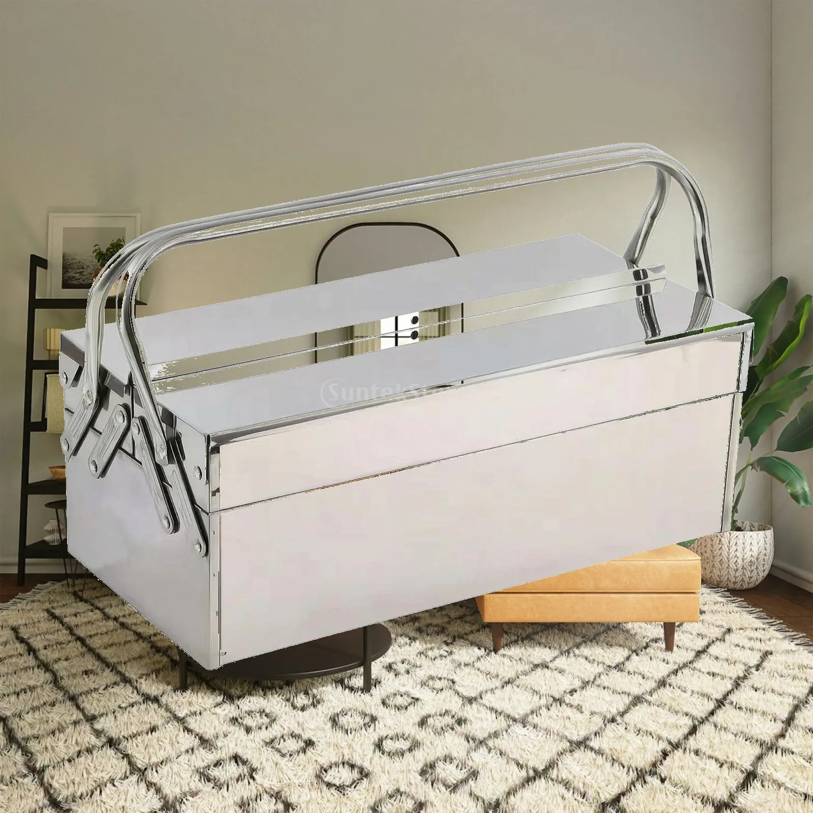 Multi Layer Storage Chest Stainless Steel Metal Tray Box with Double Layer Lid Structure for Vehicle and Workshop Gear