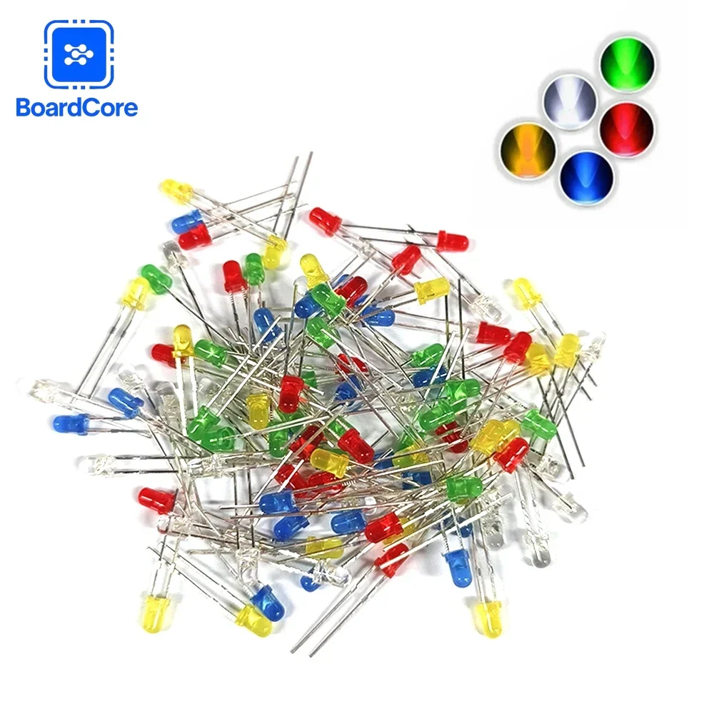 100Pcs 3mm Multicolor LED Light Emitting Diodes, Assorted LED Kit for PCB Prototyping & Circuit Repair