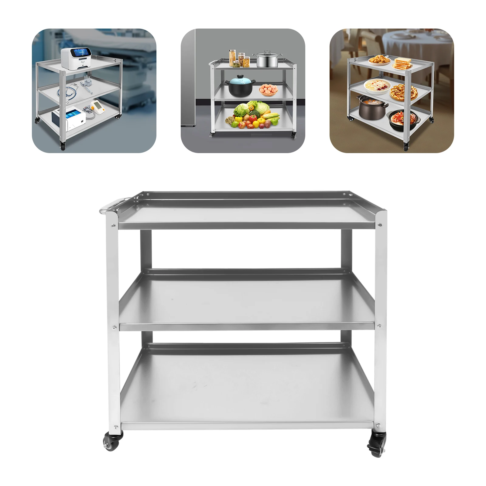 3 Tier Kitchen Trolley Cart Utility Serving Storage Rolling Cart Stainless Steel