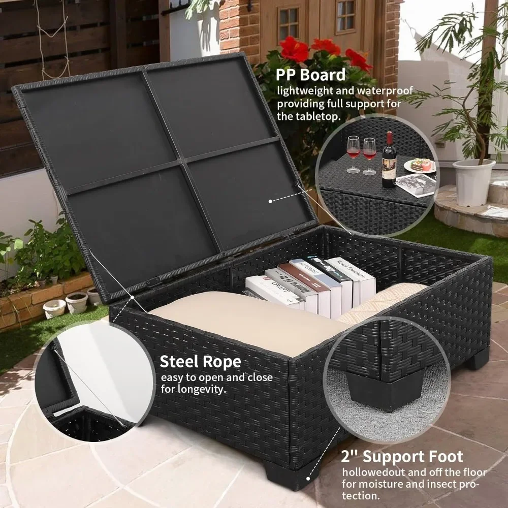 3 Pieces Wicker Patio Furniture Outdoor Sectional Couch Outdoor Coffee Table with Storage No-slip Cushions Waterproof Covers