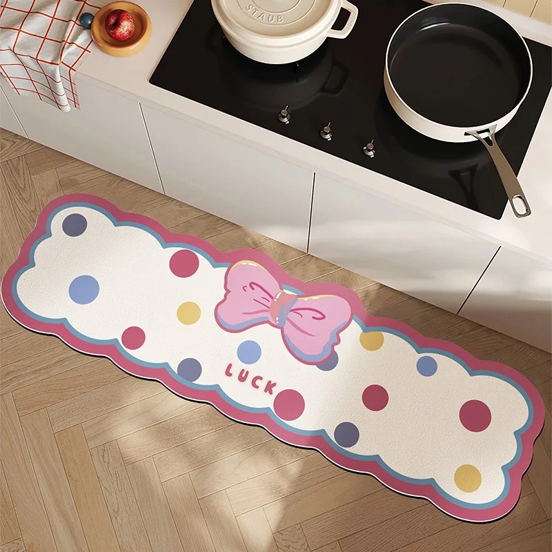 Modern Minimalist Cream Style Kitchen Floor Mat Cartoon Cute Bow Anti-oil Household Foot Mats Easy To Care Non-slip Long Carpet