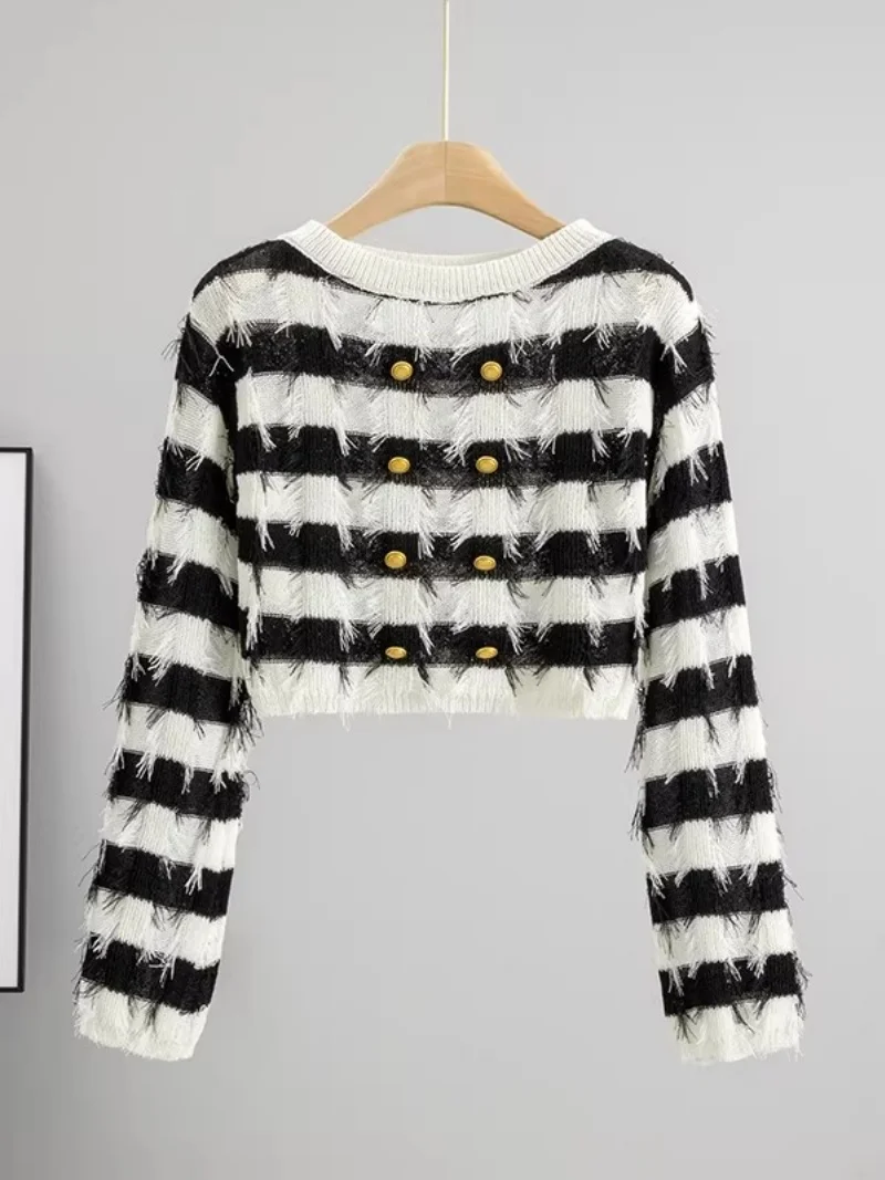 French Style Women's Knitted Pullover Top, Striped Long Sleeve Sweater with Tassel Trim, Casual Spring Winter Knitwear w2022
