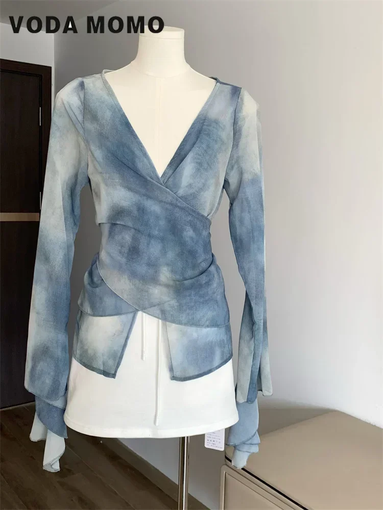 Vintage V-Neck Summer Elegant Korean Office Lady Sweet Casual Shirts Blouses Women Tie Dye Crop Top Flare Sleeve Fashion Printed