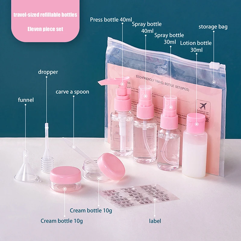 Conjunto de garrafas recarregáveis para viagem, 11 peças, loção cosmética, spray de toner, shampoo, creme essencial, recipiente vazio para produtos de higiene pessoal