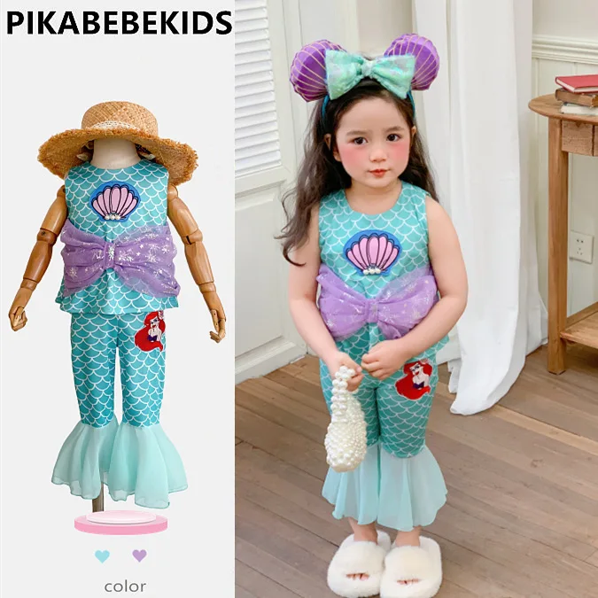 Disney Girls Mermaid Princess Set Summer Cosplay Birthday Party Clothes Top Pants Bow Fishtail Performance Dress Kids Gift