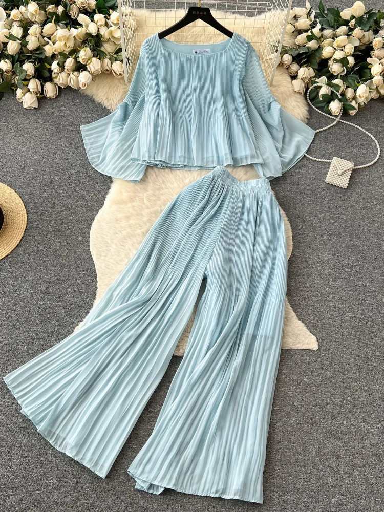 New Women Causal Chiffon Two Piece Set Spring Summer Loose Oversized Shirt Top High Waist Straight Leg Pants Pleated Suits