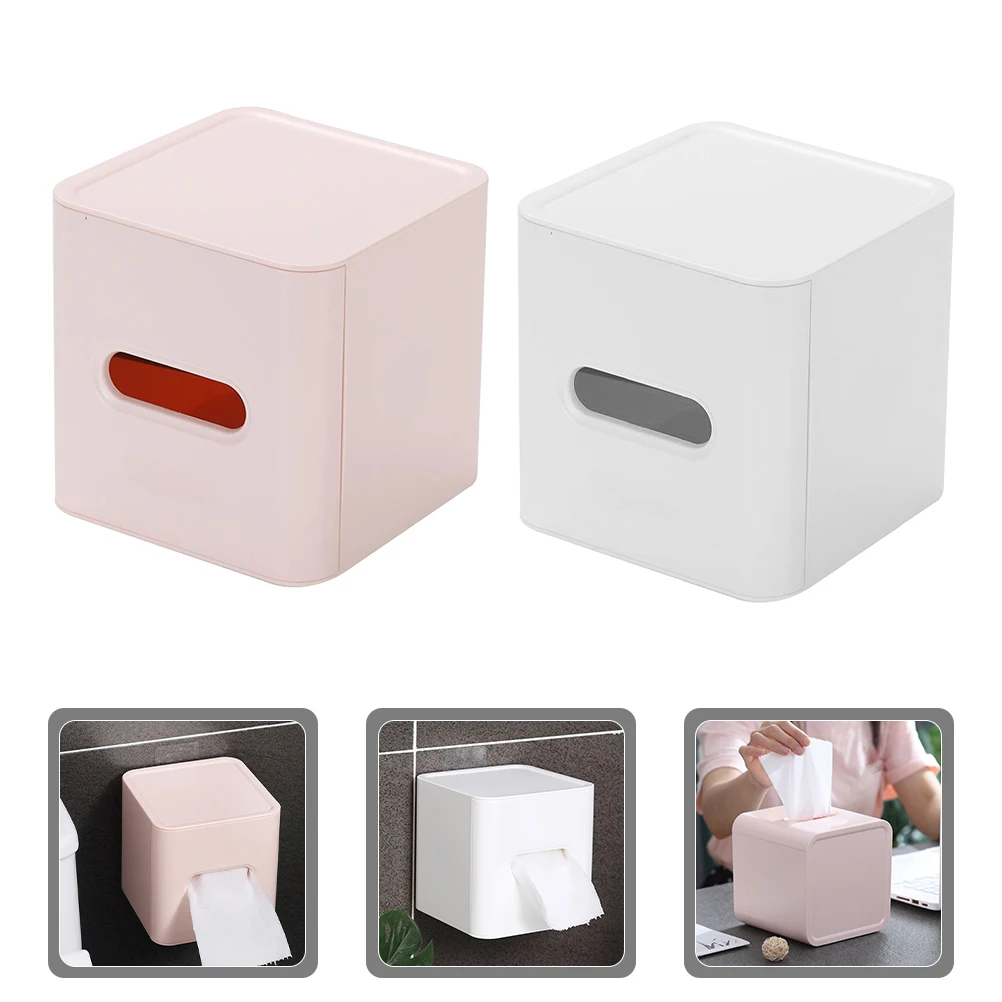 

2pcs Square Tissue Box Plastic Roll Paper Holder Bathroom Living Room Bedroom Office Desktop Paper Towel Storage Case Household