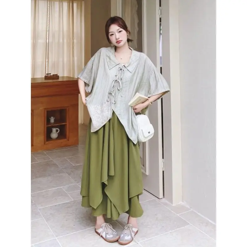 

Plus Size Oversized Tie Collar Shirt Women Summer Korean Style Linen Blend Top Coastal Grandma Aesthetic Casual Fashion