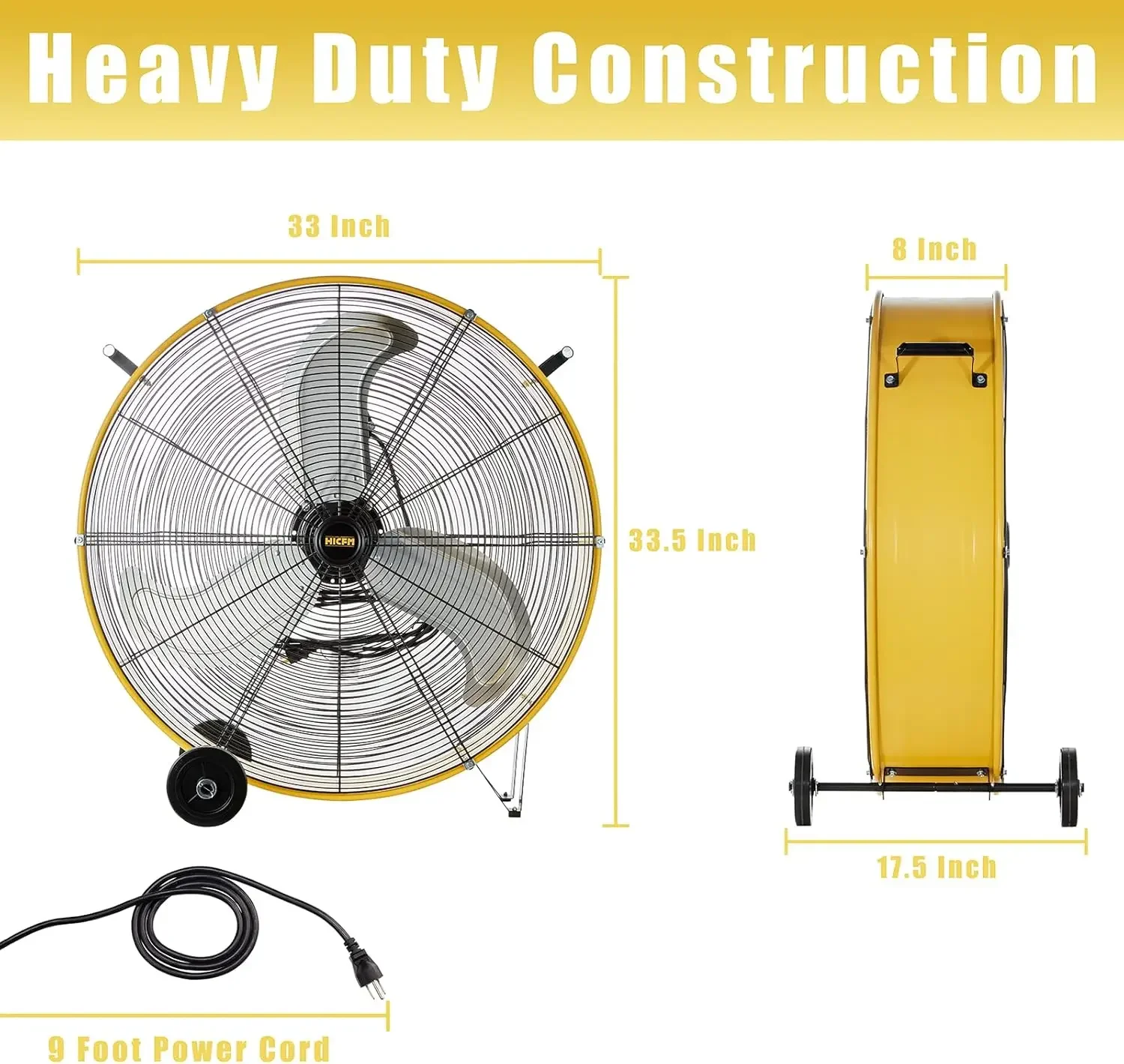 13000 CFM 30 inch Heavy Duty High Velocity Barrel Floor Drum Fan With Powerful 1/3HP Motor, 9ft Cord, 5in Solid Wheels for Works