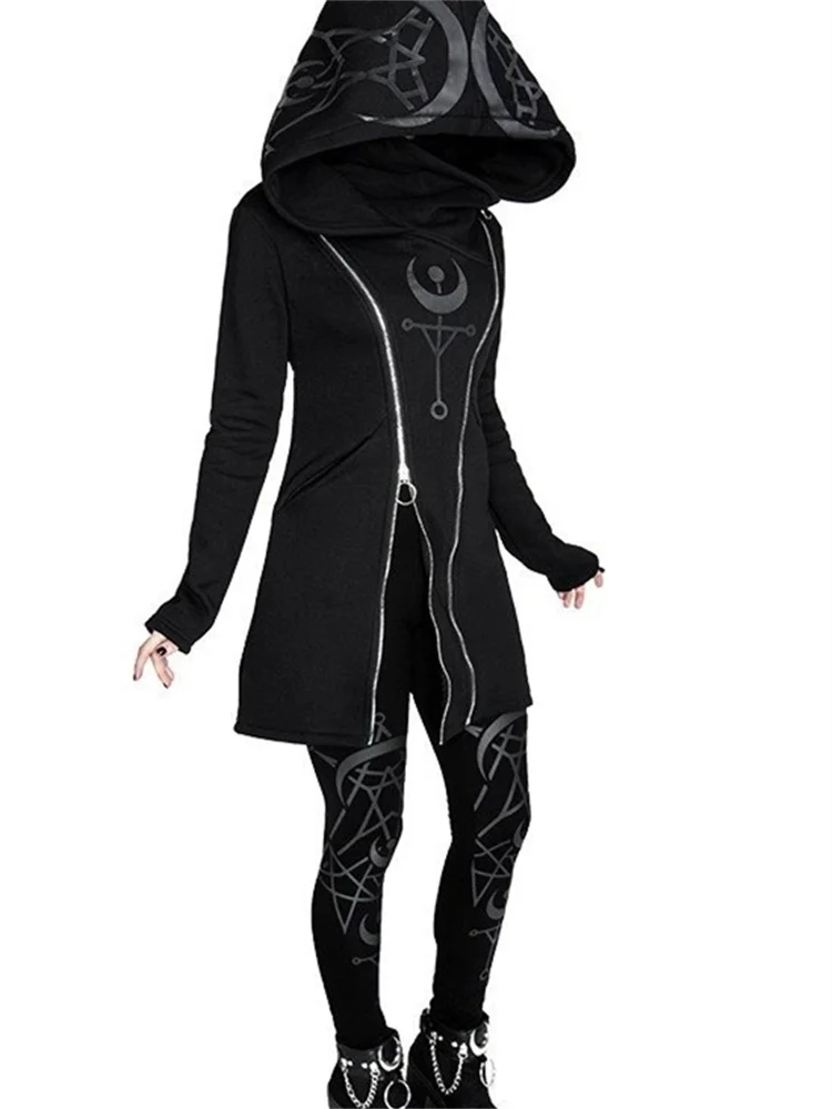 2022 Retro Gothic Punk Women Hooded Double Zipper Casual Black Hoodies Slim Fit Female Dark Sweatshirt Outdoors Clothes Hoody