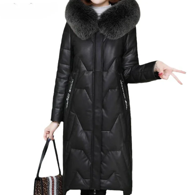 Pure Sheepskin Down Jacket for Women Fox Fur Hooded 2023 Winter New Leather Clothing Female Mid Long Genuine Leather Jackets FCY