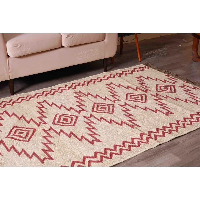 Handmade Rugs Flat Woven Kilim Rug Off White Rug with Red DesignFringes Rug