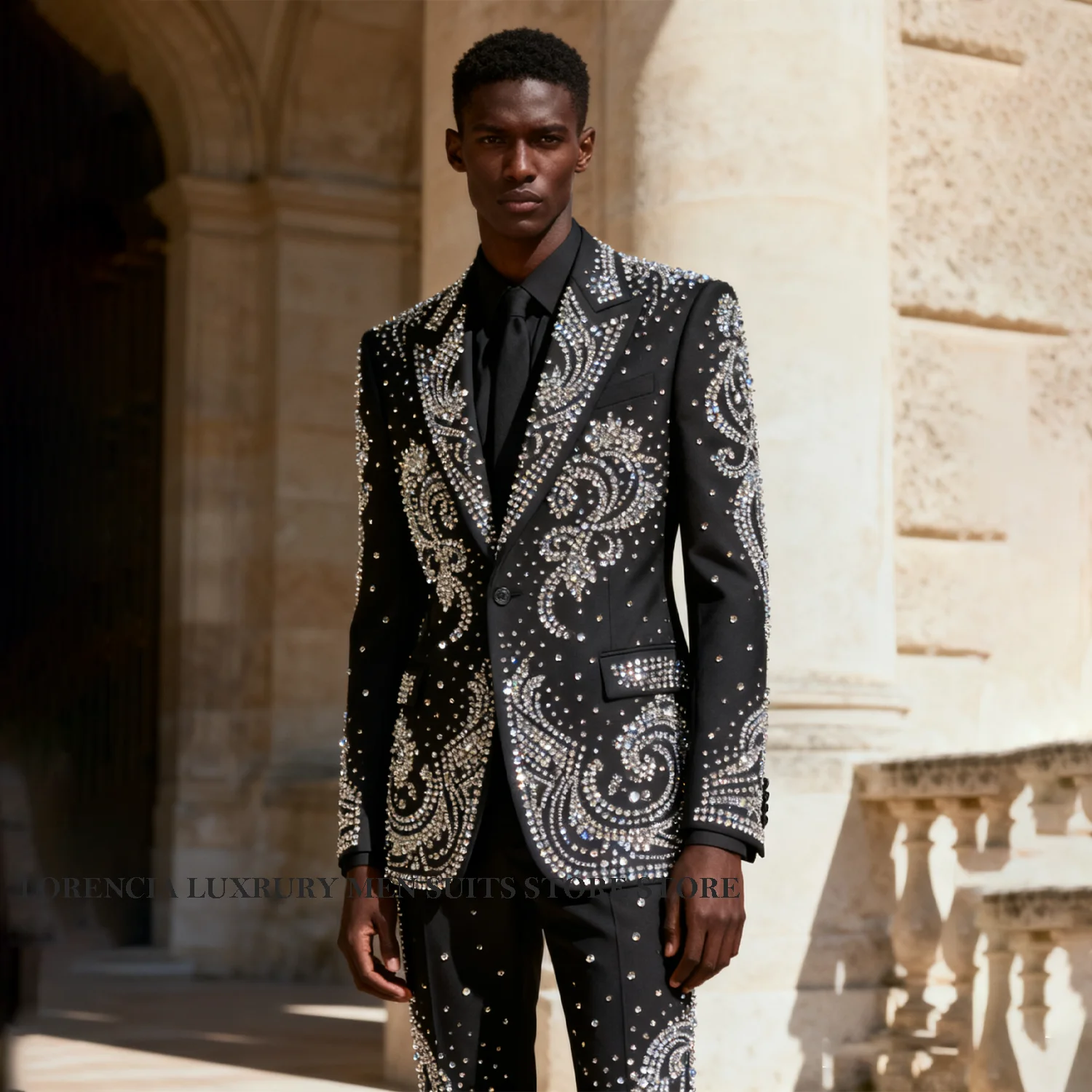 Luxury Diamond Ornament Tuxedos Customized  2 Pieces Sets Men Peaked Lapel Male Square Blazers Wedding Groom trajes para hombre