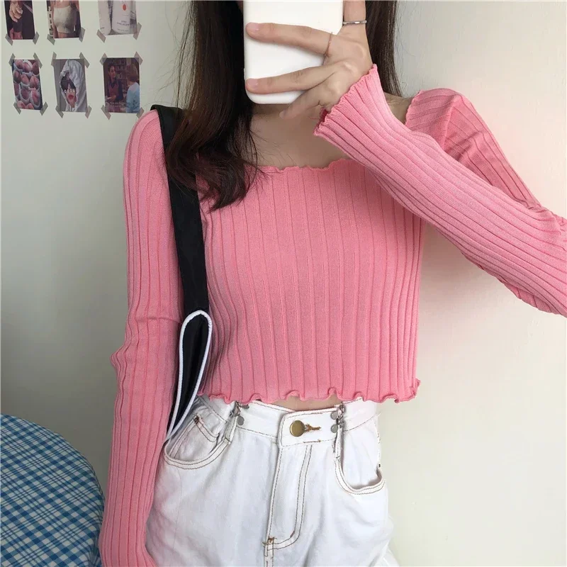 Women\'s Sweater 2024 Winter Fashion Navel Bare Cropped Tops Chic Wave Edge Casual Lady Knitted Pullover Short Solid Sweaters