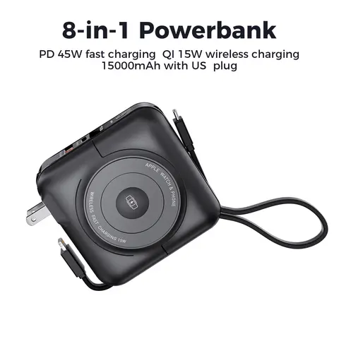 8-in-1 Magnetic Wireless Power Bank 15000mAh Type-C 45W Fast Charging With Dual Cables AC Plug for iPhone Android Airpods Watch