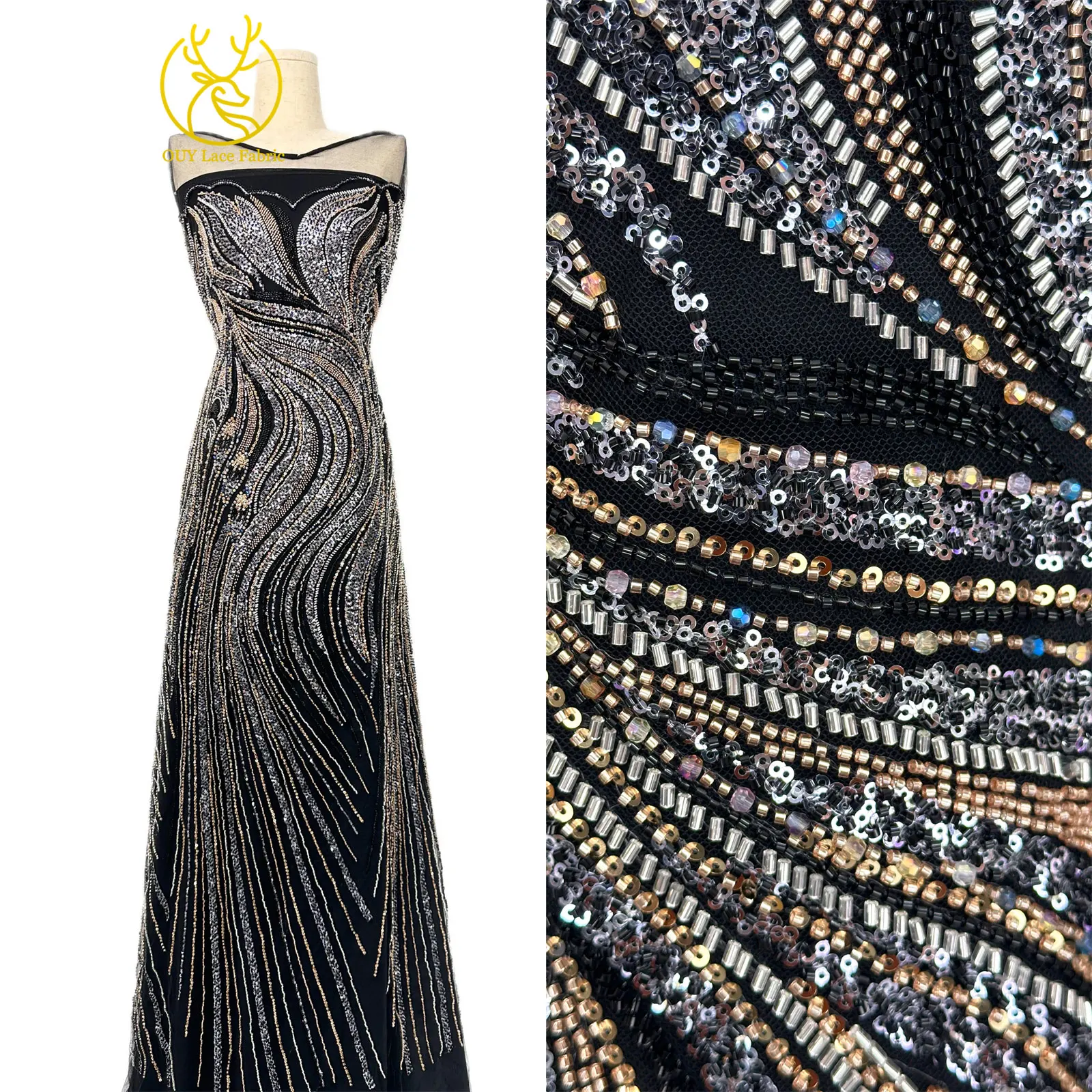 2026 Neuester nigerianischer Luxus-Bräutigam-Spitzenstoff mit Handperlen, afrikanischer Pailletten-Spitzenstoff, geeignet für Hochzeit, Party, Kleid, Sewin – Detail 4