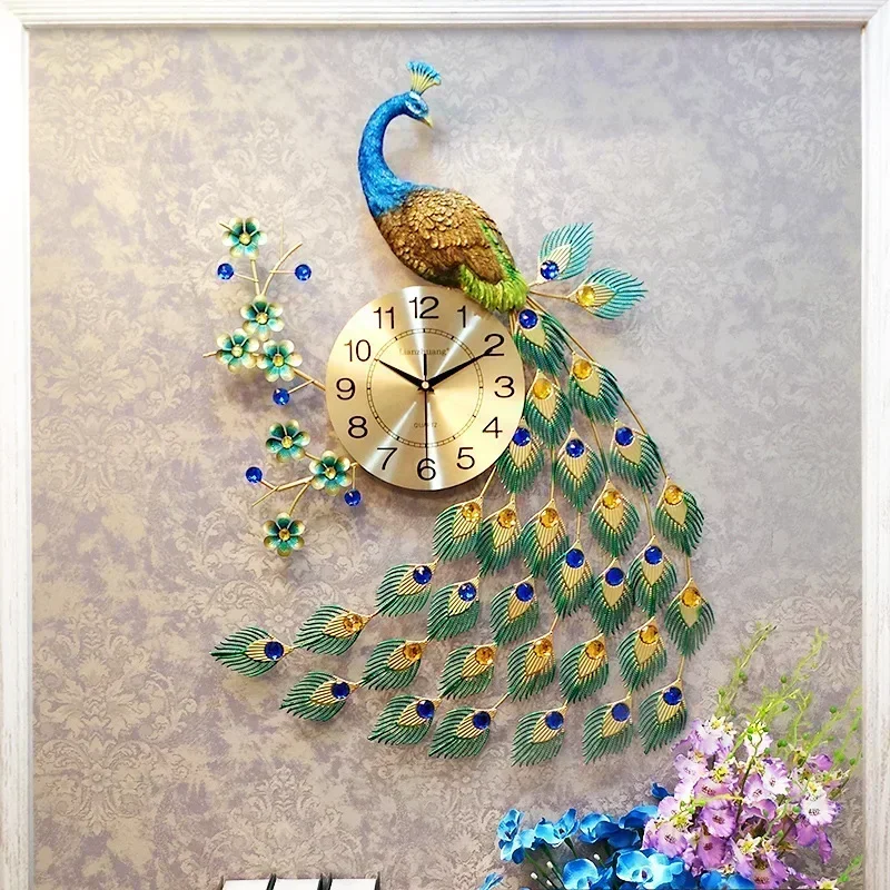 Nordic Modern 3D Metal Peacock Wall Clock Mute Quartz Clock Home Living Room Fashion Silent Wall hanging Home decor Ornament