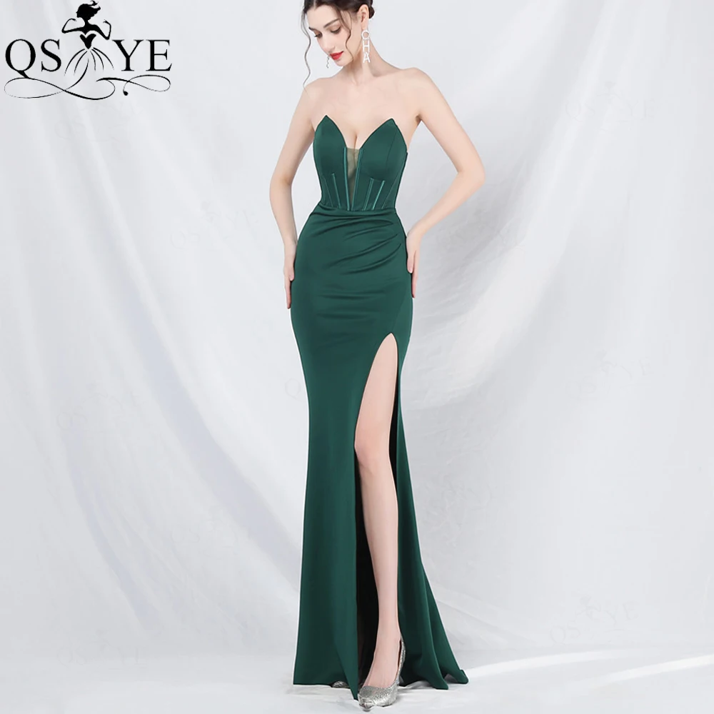 

Boned Corset Emerald Green Prom Dress Off Shoulder Ruched Elastic Satin Evening Dress Slit Unique Cut Women Formal Gown 2024 Fit