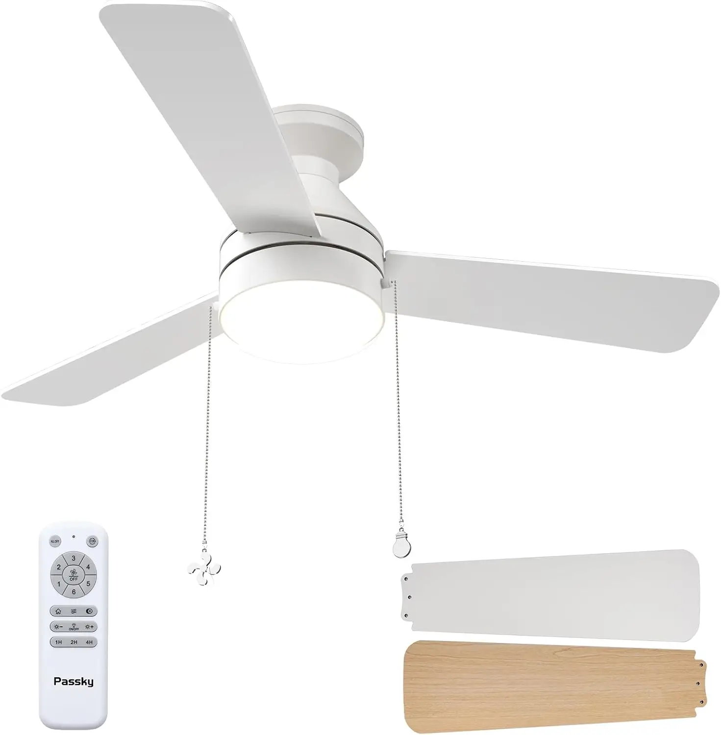 42-Inch White Low-Profile Ceiling Fan with Light, Remote and Pull Chain