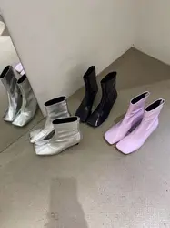 Botki za kostkę damskie Square Toe Silver Black Purple Krótkie buty zimowe Chelsea Boots Back Zipper Patent Leather Cienkie buty na średnim obcasie 39