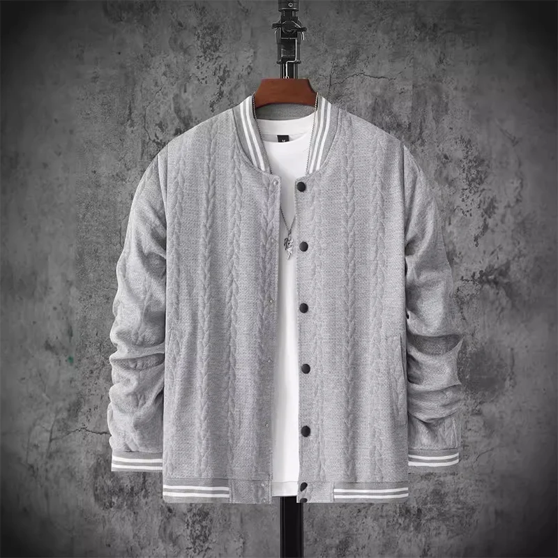 

Vintage Jacquard Knitted Coat Men Korean Stripe Print Loose Baseball Jackets Simple Single Breasted Versatile Outerwear Man