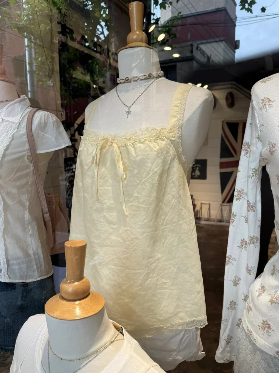 

Желтый топ на бретелях с кружевной отделкой, женский летний хлопковый топ без рукавов со шнуровкой и воротником, женский милый милый жилет в консервативном стиле, топы Y2k