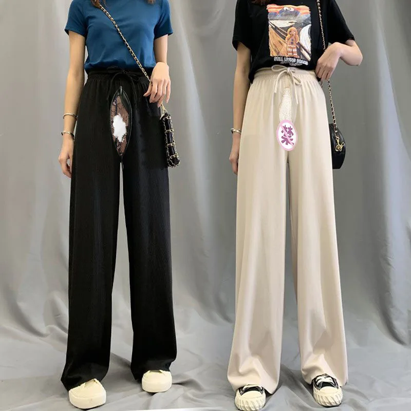 Women's Summer Silk Pants High Waist Wide Leg Full Length Loose Casual Sweatpants Invisible Zipper Open Crotch Pants Outdoor Sex