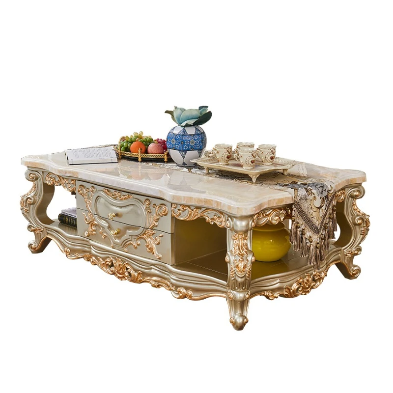 

European TV cabinet coffee table square table, all solid wood marble living room storage floor cabinet