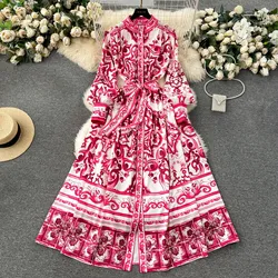 2024 Fashion Runway Spring Red Blue And White Porcelain Print Long Dress Women Single Breasted Lantern Sleeve Belt Holiday Robe