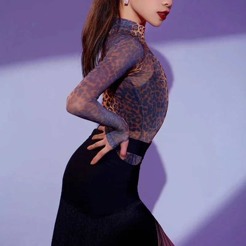 ชุดฝึกซ้อมเต้นลาตินสำหรับเด็กผู้หญิง ลายเสือดาว แขนยาว 3 ชิ้น ชุดแสดงบนเวทีบอลรูม