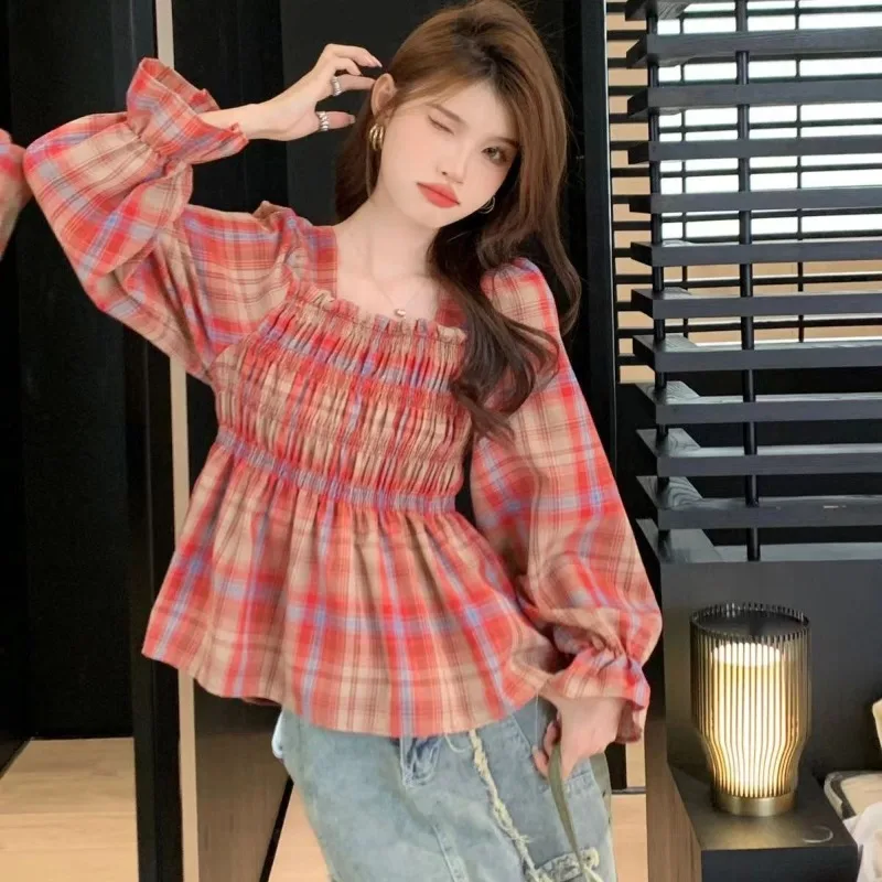 Nice Femme Spring Summer Korean Fashion Plaid Cotton Women Clothing Young Style Fashionable Appear Thin Pullovers Long Sleeve To