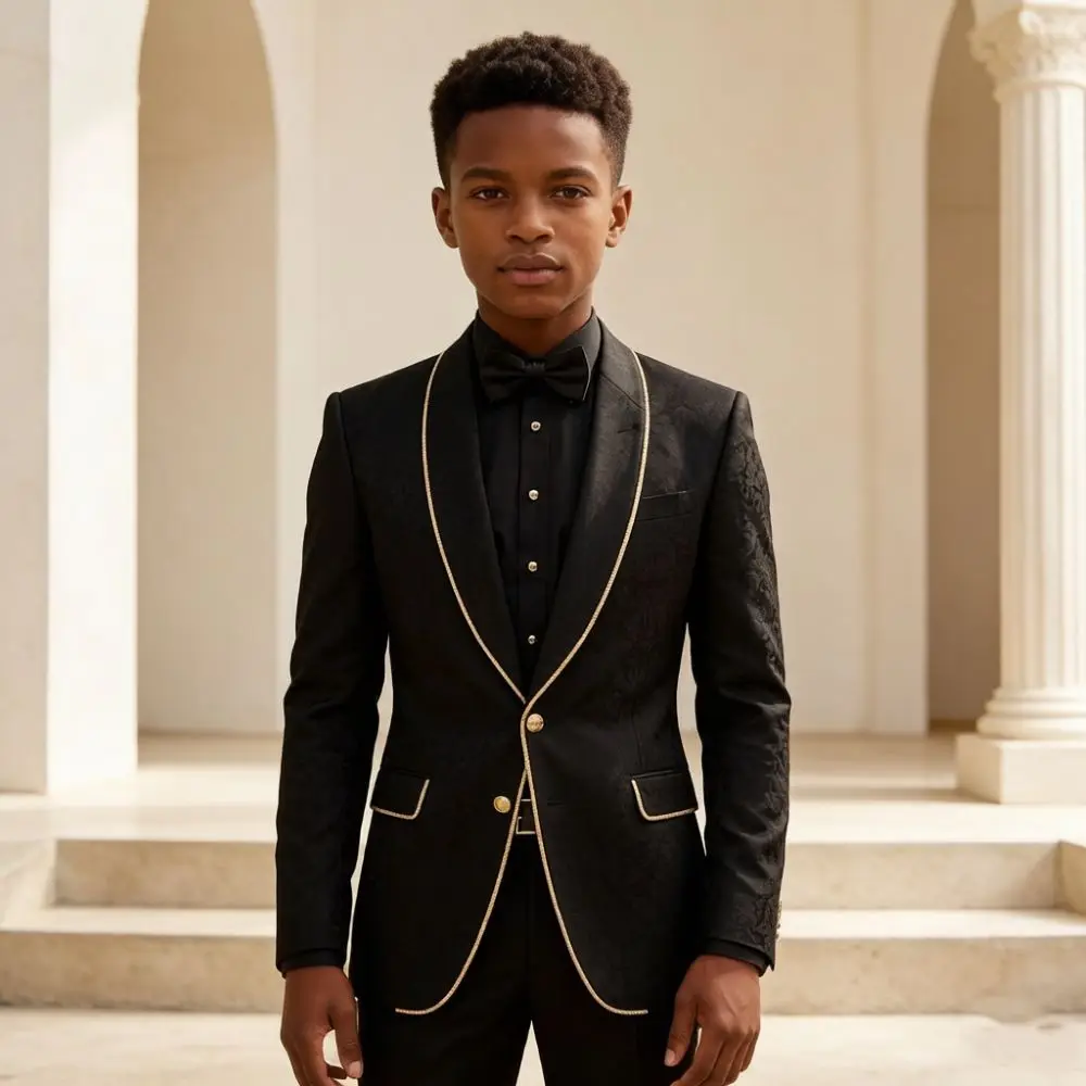 Boy Suits Black Floral Slim Fit 2 Pieces Wedding Tuxedo with Mix Match Piping Trim Shawl Lapel Groom Child Dinner Wear 2026