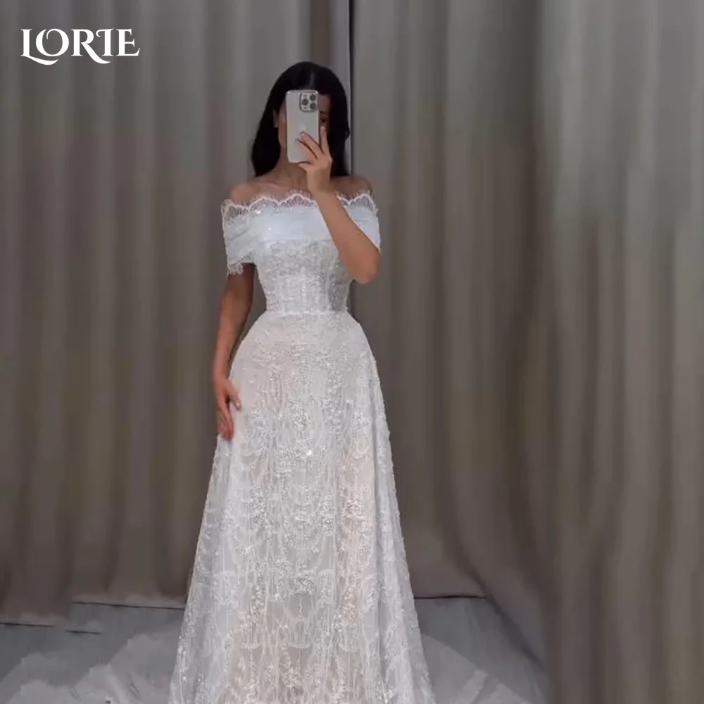 

LORIE Vintage Glitter Lace Wedding Dress A-Line Shiny Ruffle Sweetheart Ball Bridal Gown Princess Sparkly Bride Gown Customized