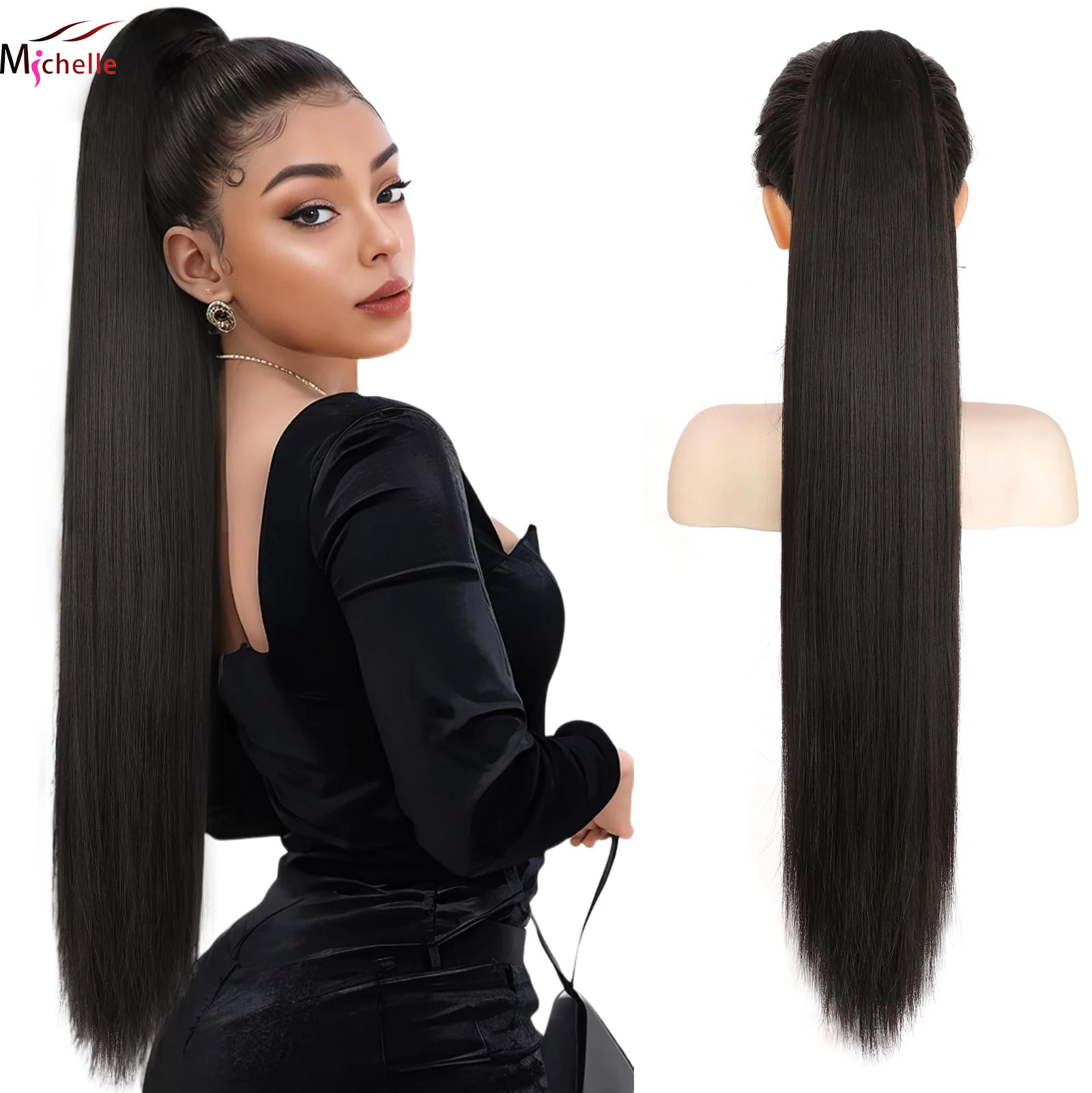 Natural Black Straight Drawstring Ponytail Extension Long Straight Wrap Around Clip In Drawstring Ponytail Human Hair Extensions