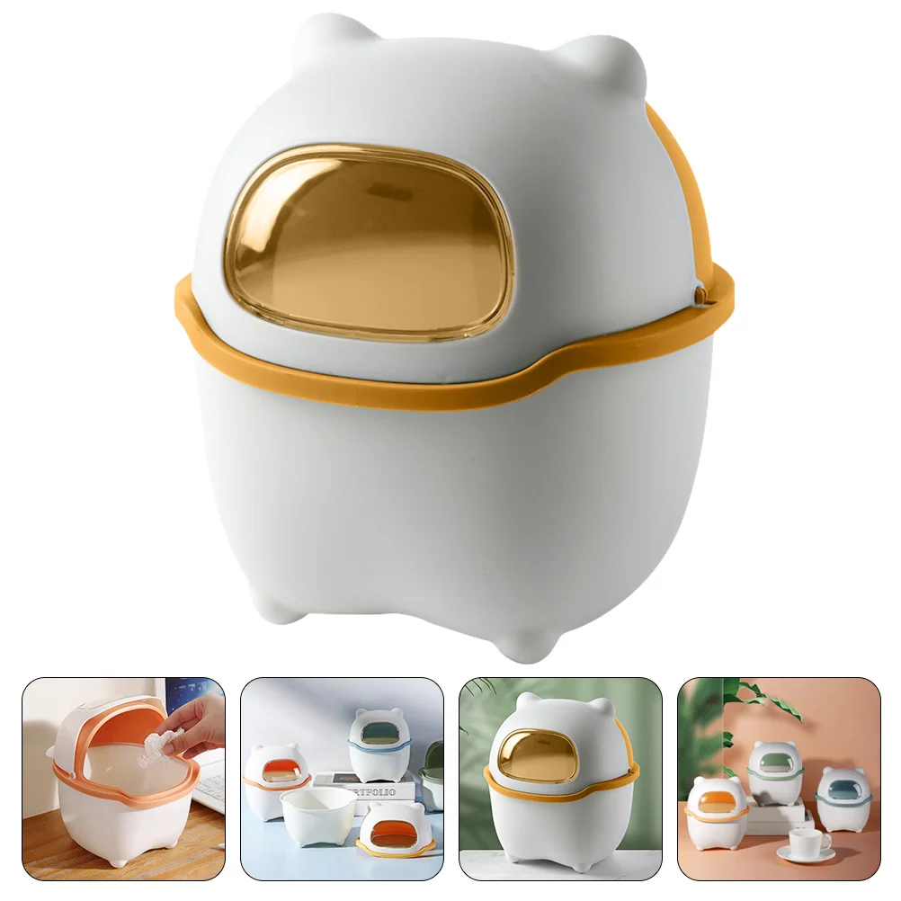 Litter Boxes Bear Trash Can Cartoon Desktop with Lid Mini Bin Cover Blue Adorable Office