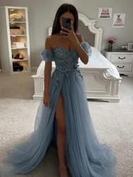 Vestidos de fiesta sexys con hombros descubiertos 2024 Una línea de apliques de novia Flor de tul Hasta el suelo Vestidos de noche de fiesta formales personalizados