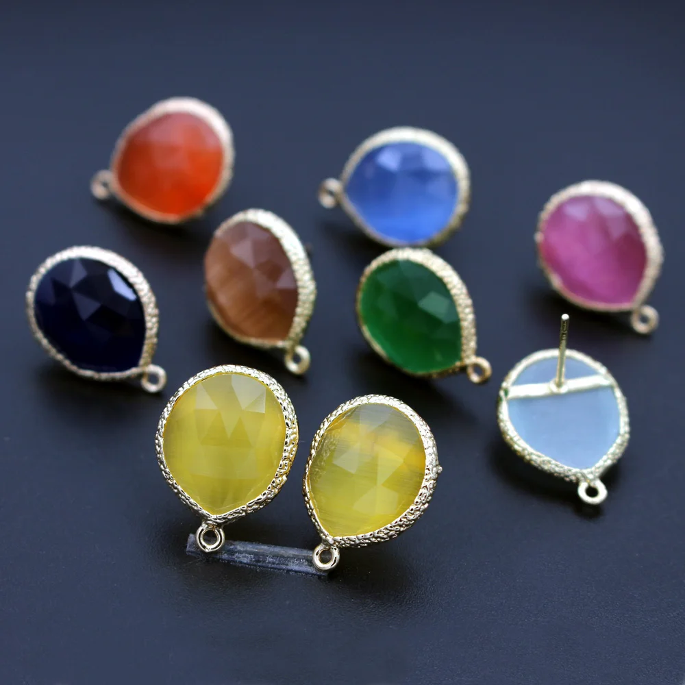 10pair Geometric Color Stone Ear Posts Cats Eye Stone Earring with Loop Connectors For DIY Women Dangle Drop Earrings Jewelry
