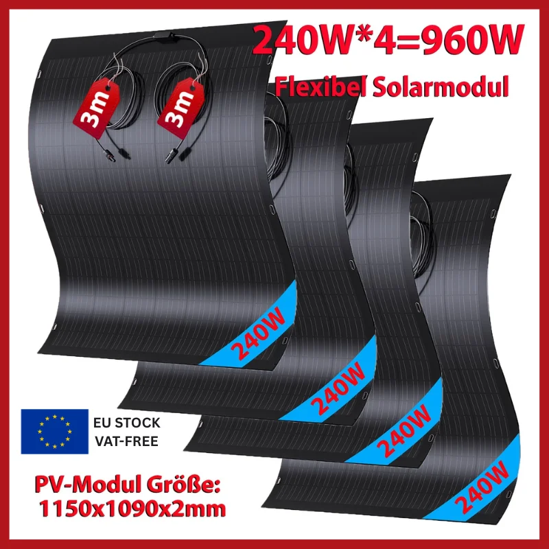 240 W flexibles Solarpanel-Set, 2 Stück, 480 W/4 Stück, 960 W, Mono, 21 V, IP67, für Wohnmobil, Boot, Balkon, Camping, netzunabhängig