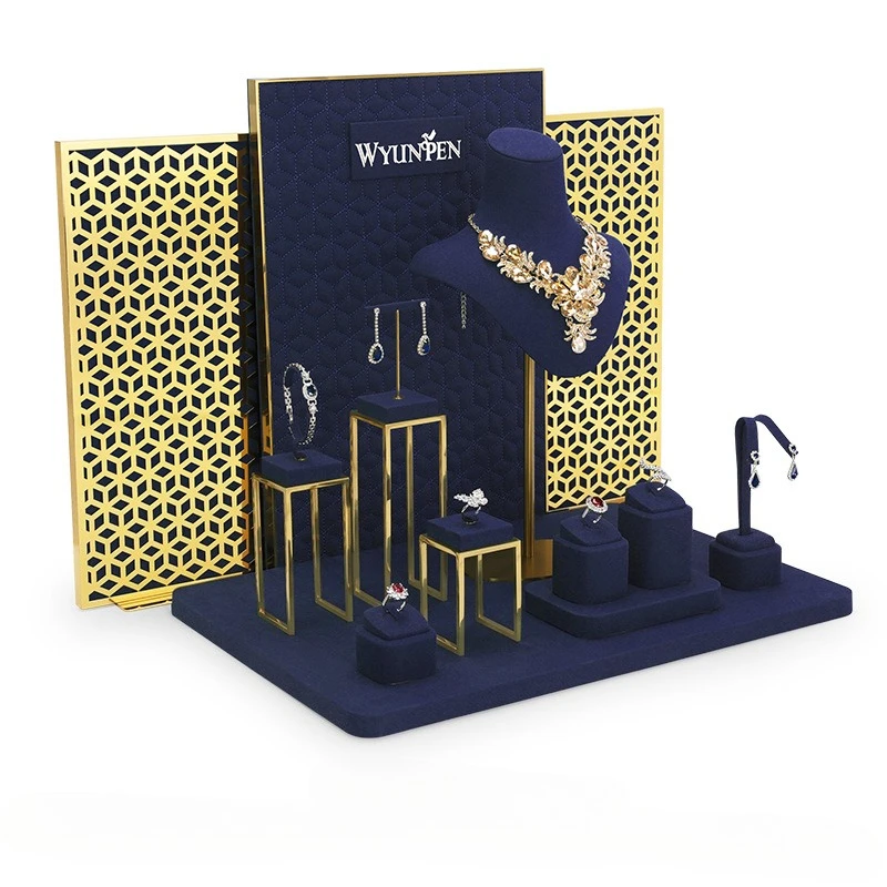

Jewelry window display props, blue microfiber boutique display racks for bracelets, watches, necklaces, and other jewelry
