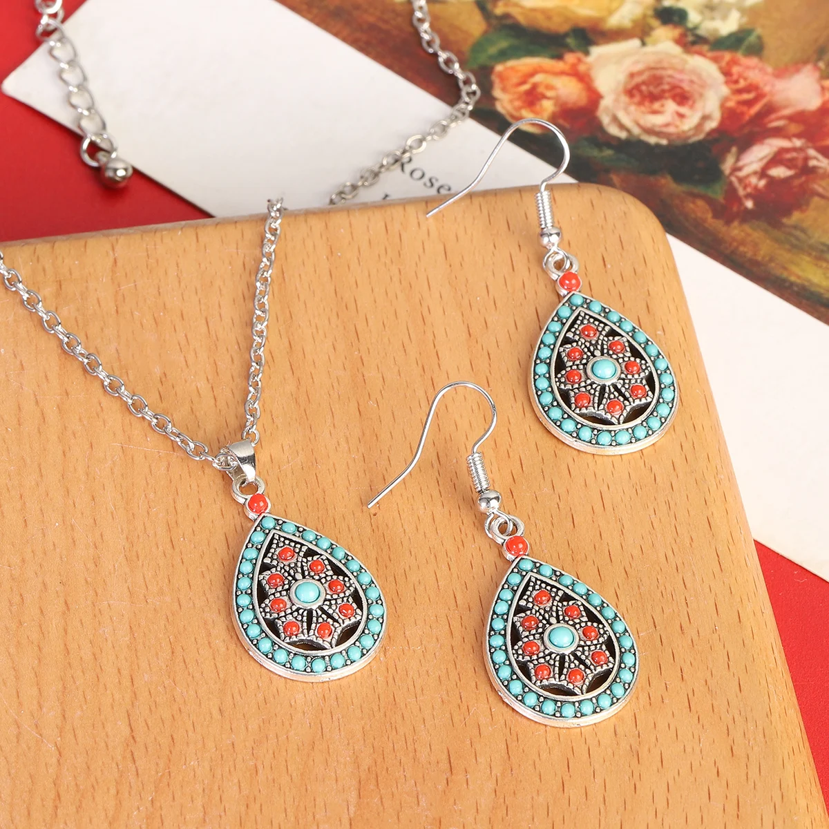Boho Hollow Geometric Water Drop Jewelry Set for Women Colorful Beads Flower Earring/Necklace Sets Vintage Wedding Party Jewelry
