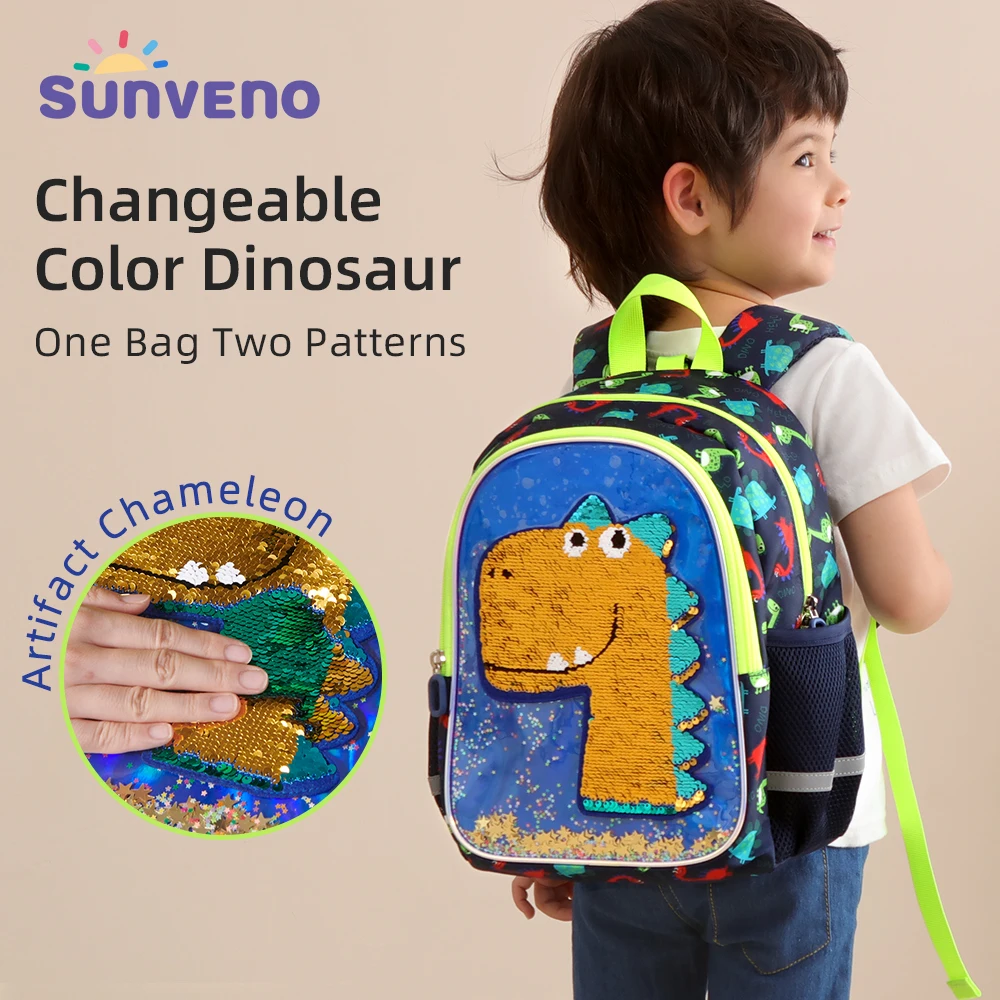 Sunveno Dinosaur Kids Backpack Reversible Sequins for Preschool Early Elementary Kindergarten Backpack for Kids 3-6 years